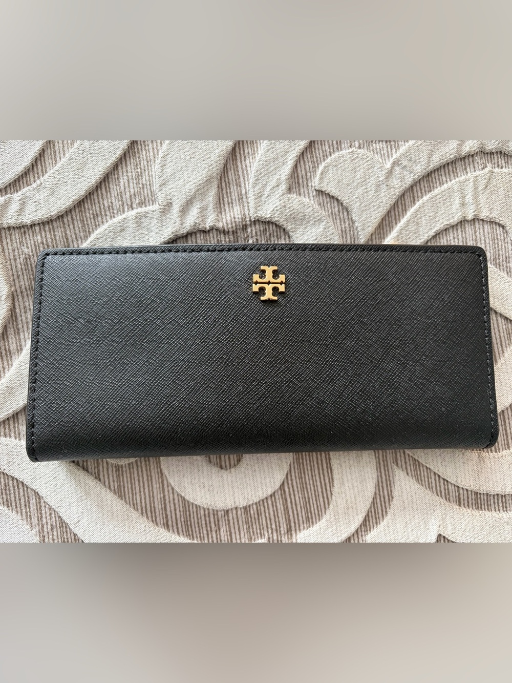 Tory Burch Black Saffiano Leather Continental Wallet with Gold Logo